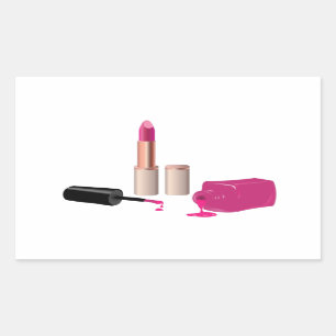Pink Glam Lipstick & Nail Polish Beauty Themed Rectangular Sticker
