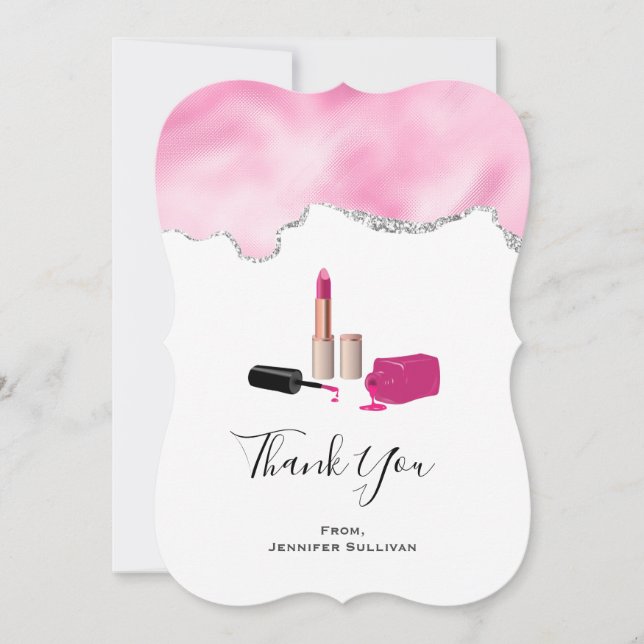 Pink Glam Lipstick & Nail Polish Beauty Themed Thank You Card (Front)