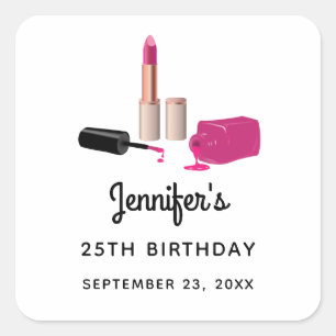 Pink Glam Lipstick & Nail Polish Birthday  Square Sticker