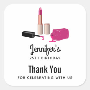 Pink Glam Lipstick & Nail Polish Birthday Square Sticker