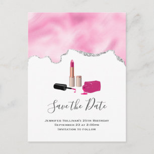 Pink Glam Lipstick & Nail Polish Save the Date Invitation Postcard