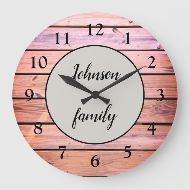 Pink Glam Modern Wood Family Name Large Clock (Front)