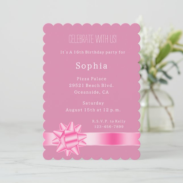 Pink Glam Ribbon and Bow Birthday Invitation (Standing Front)