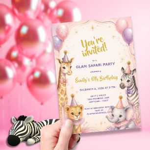 Pink Glam Safari 5th Birthday Party Acrylic Invitations