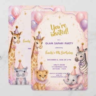 Pink Glam Safari 5th Birthday Party Invitation