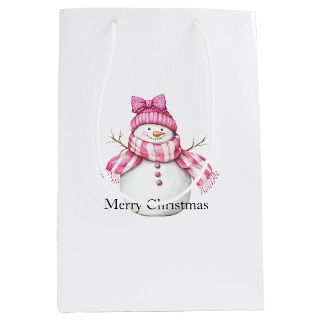 Pink Glam Snowman Snowwoman Christmas Medium Gift Bag (Front)