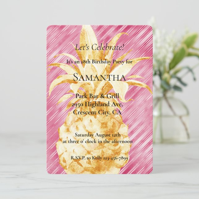 Pink Glam Stripes Gold Pineapple Birthday Invitation (Standing Front)