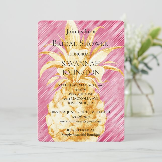 Pink Glam Stripes Gold Pineapple Bridal Shower Invitation (Standing Front)