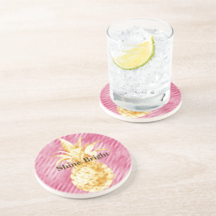 Pink Glam Stripes Gold Tropical Pineapple Coaster