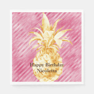 Pink Glam Stripes Gold Tropical Pineapple Napkin