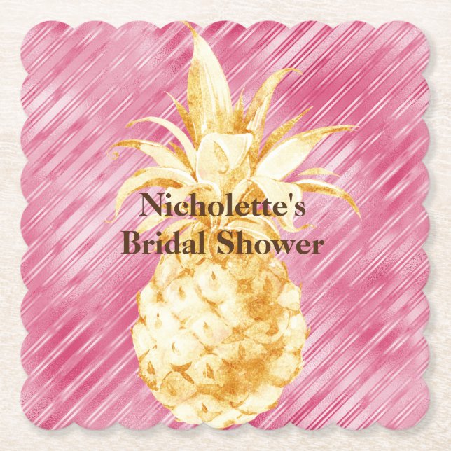 Pink Glam Stripes Gold Tropical Pineapple  Paper Coaster (Front)