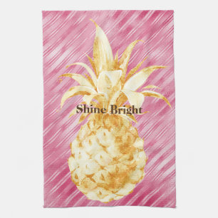 Pink Glam Stripes Gold Tropical Pineapple Tea Towel