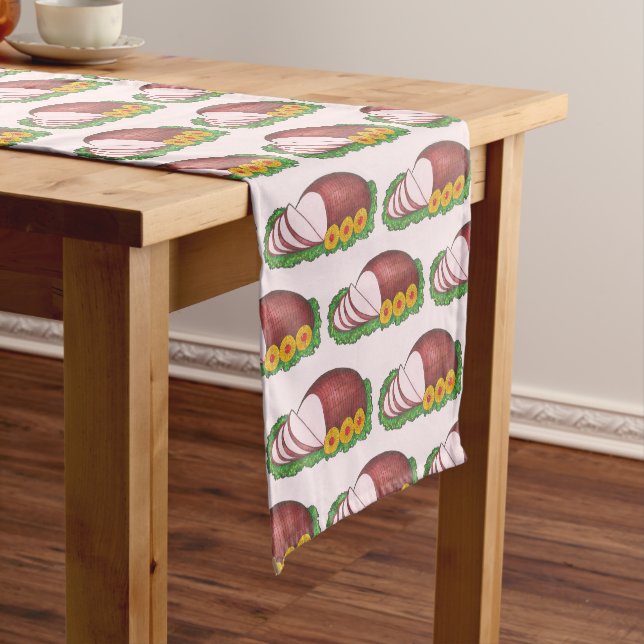 Pink Glazed Ham Christmas Easter Dinner Food Short Table Runner (In Situ)
