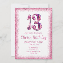 Pink Glitter 13th Birthday Invitation