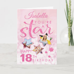 Pink Glitter 18th Birthday Star Photo Collage Card