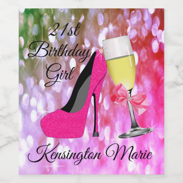 Pink Glitter 21st Birthday Girl Sparkling Wine or Wine Label (Single Label)