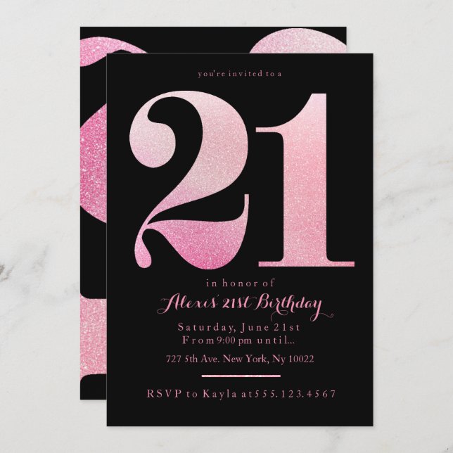 Pink Glitter 21st Birthday Invitations (Front/Back)