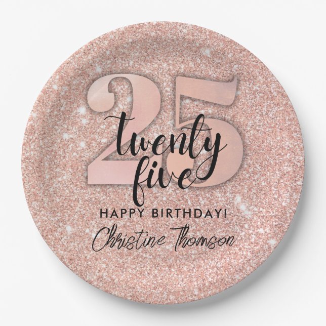 Pink Glitter 25th Birthday Paper Plates (Front)