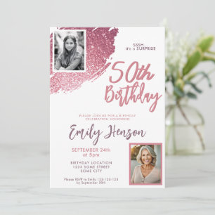 Pink Glitter 2 Photo Surprise 50th Birthday Invitation