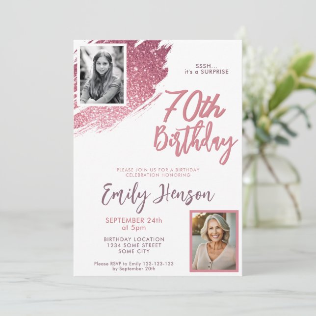 Pink Glitter 2 Photo Surprise 70th Birthday Invitation (Standing Front)