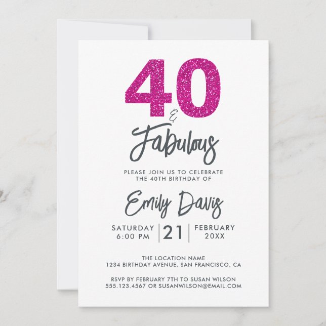Pink Glitter 40 and Fabulous | 40th Birthday Party Invitation (Front)