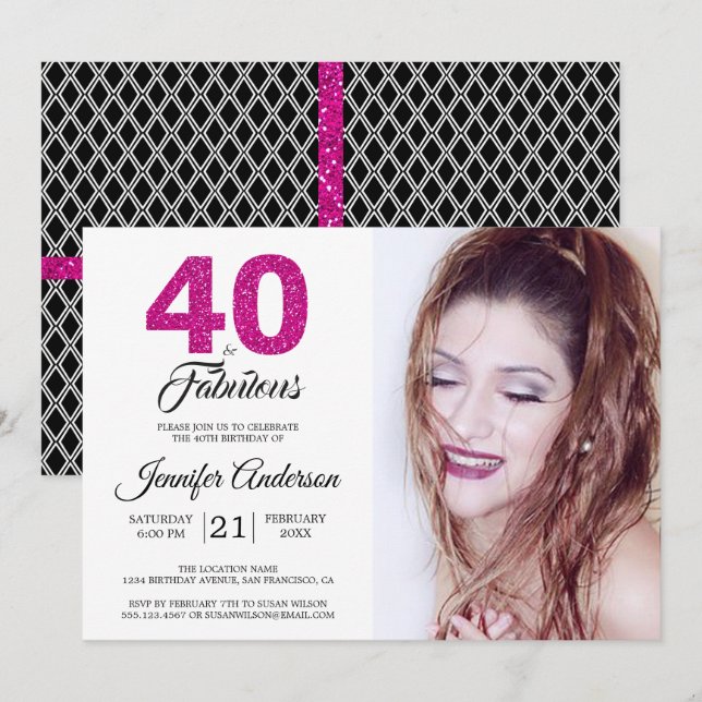 Pink Glitter 40 and Fabulous 40th Birthday Photo Invitation (Front/Back)