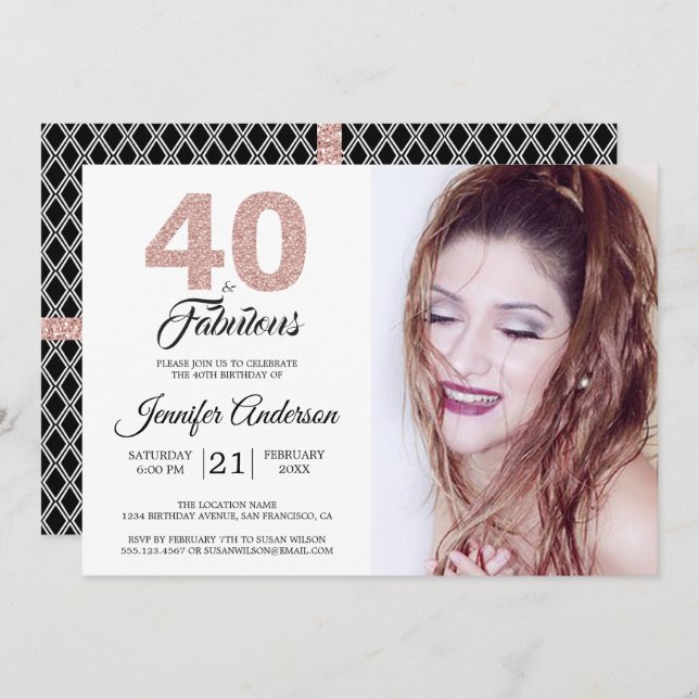 Pink Glitter 40 and Fabulous 40th Birthday Photo Invitation (Front/Back)