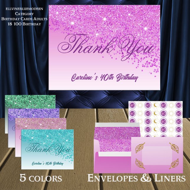 Pink Glitter, 40th Birthday Thank You Postcard (Creator Uploaded)