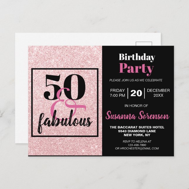 Pink Glitter 50 & Fabulous Birthday Party Invite Postcard (Front/Back)
