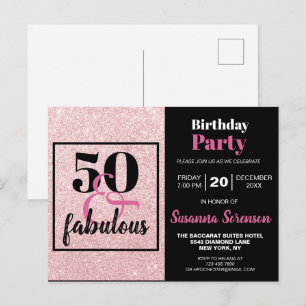 Pink Glitter 50 & Fabulous Birthday Party Invite Postcard