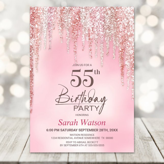 Pink Glitter 55th Birthday Party Invitation (Creator Uploaded)