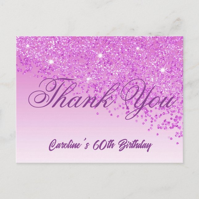 Pink Glitter, 60th Birthday Thank You Postcard (Front)