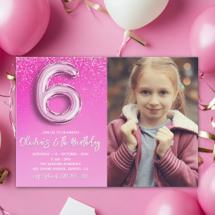Pink Glitter 6th Birthday for Girl with Photo Invitation
