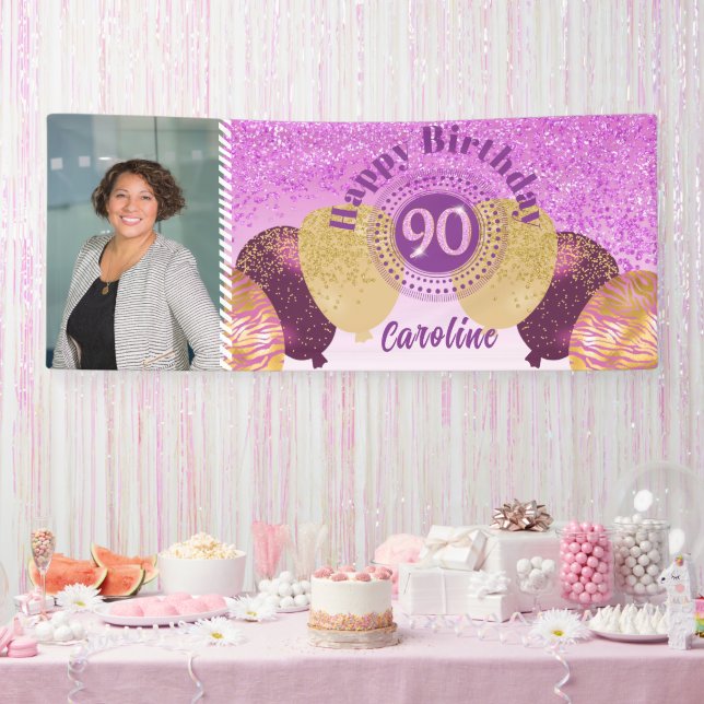 Pink Glitter 90th Birthday & Balloons  Banner (Party)