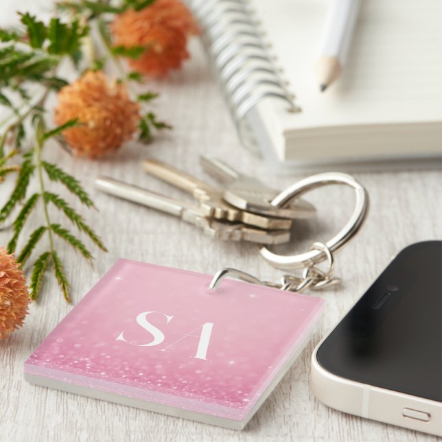 Pink Glitter Acrylic Keychain with Custom Initials (Front Right)