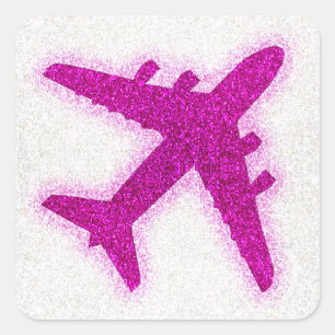 Pink glitter aeroplane round sticker labels
