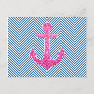 Pink glitter anchor blue chevron postcard