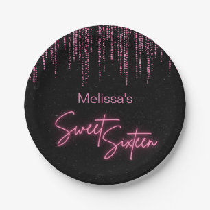 Pink Glitter and Black Sweet 16 Birthday  Paper Plate