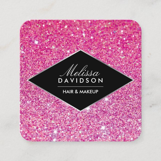Pink Glitter and Glamour Beauty Square Business Card (Front)