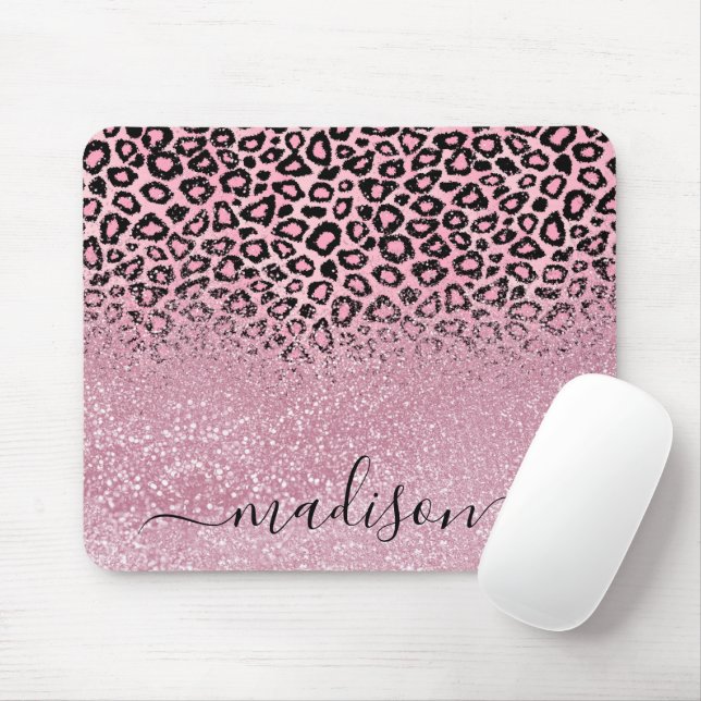 Pink Glitter and Leopard Pattern - Personalise Mouse Pad (With Mouse)
