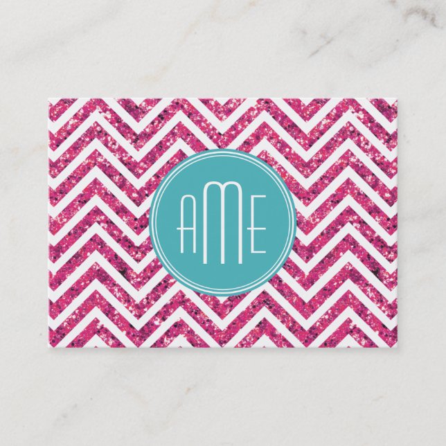 Pink Glitter and Mint Custom Monogram Business Card (Front)
