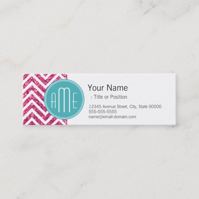 Pink Glitter and Mint Custom Monogram Mini Business Card (Front)