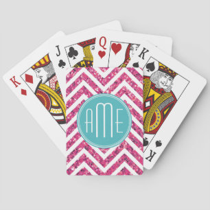 Pink Glitter and Mint Custom Monogram Playing Cards