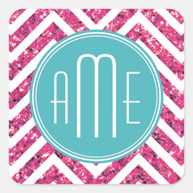 Pink Glitter and Mint Custom Monogram Square Sticker (Front)