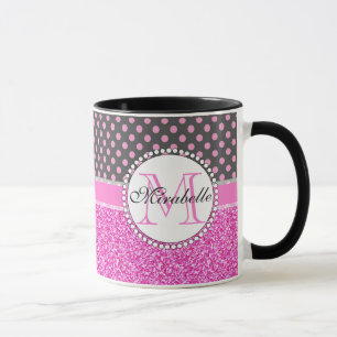 Pink Glitter and Pink Polka Dots on grey Named Mug