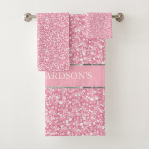 Pink Glitter And Silver Lines Bath Towel Set