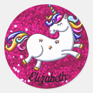Pink Glitter and Unicorn Classic Round Sticker