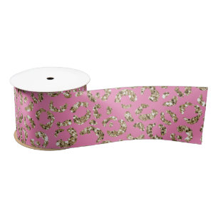 Pink Glitter Antique Gold Leopard Satin Ribbon