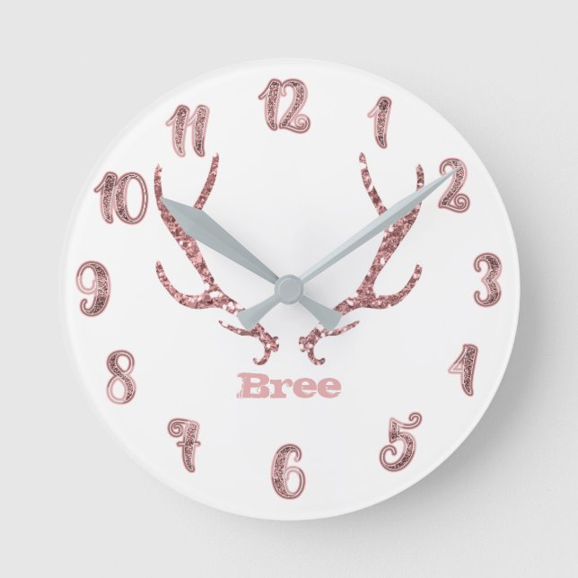 Pink Glitter Antlers Rose Gold Glam Personalised Round Clock (Front)