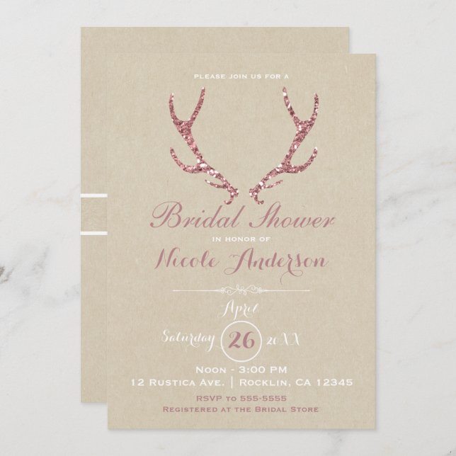Pink Glitter Antlers Rustic Kraft Bridal Shower Invitation (Front/Back)